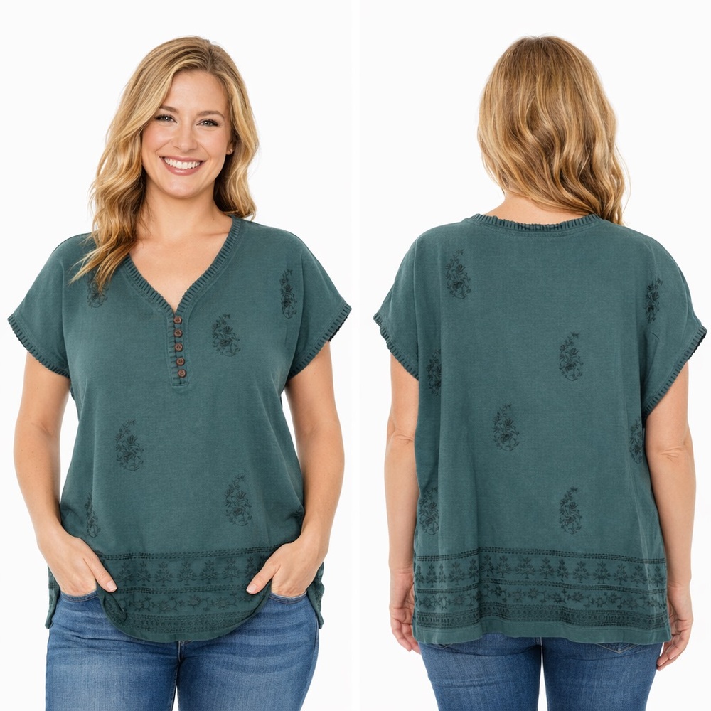 Chic Teal Button Neckline Women's Blouse